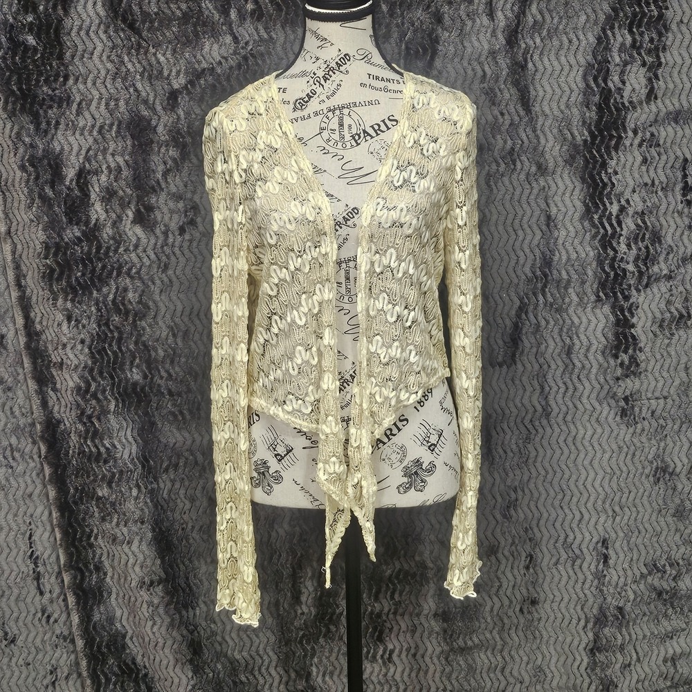 VTG Worthington Cardigan Womens XL Beige Lace Sheer Coquette Y2K 90s Shrug